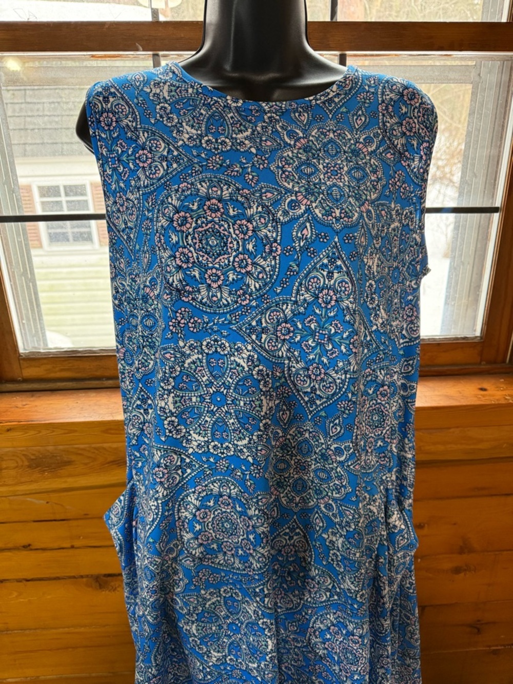 Blue Mediterranean Tile Print Shift Dress with Pockets Sleeveless Size XL - Picture 3 of 10
